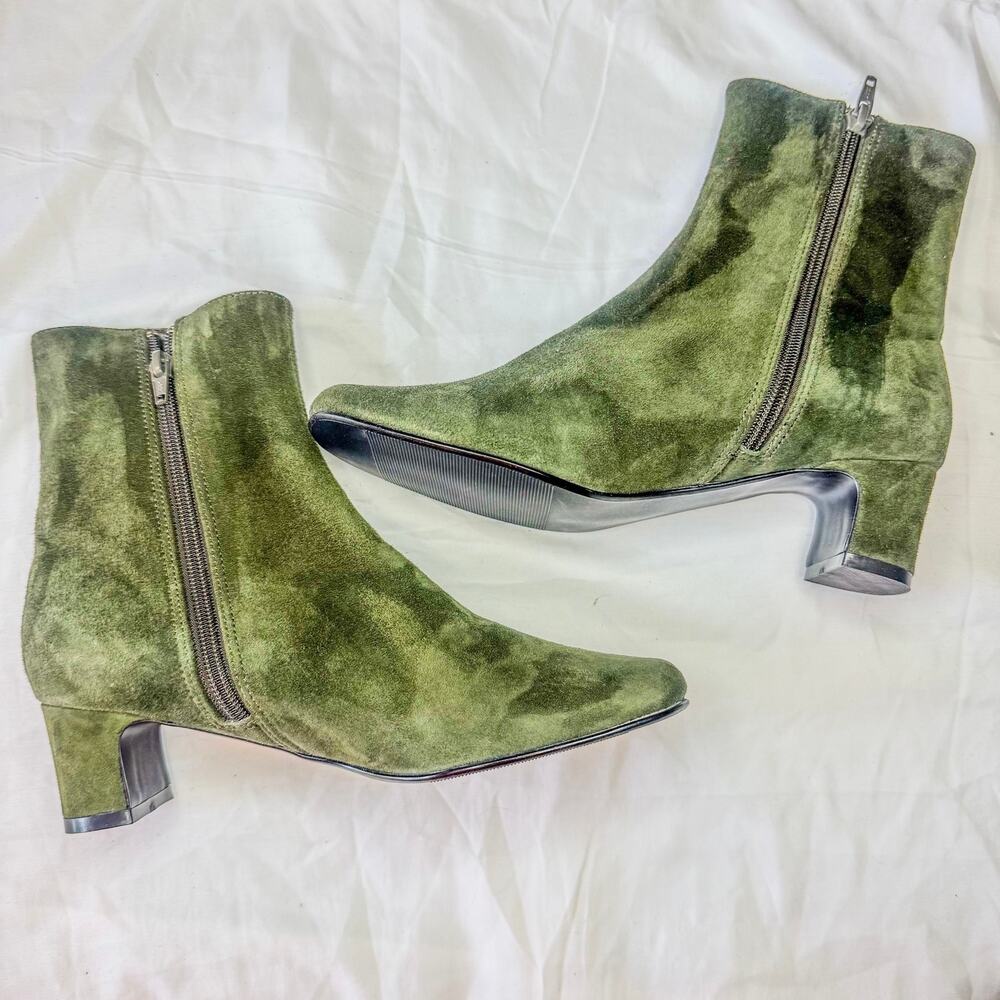 Vtg A.J. Valenci Olive Green Velvet Square Toe Block Heel Mid Calf Boots Sz 6